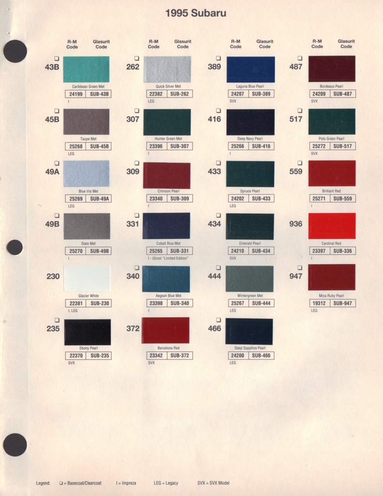 1995 Subaru Paint Charts RM 1